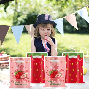 Double-sided strawberry gift bags with handles for children's birthday party favors