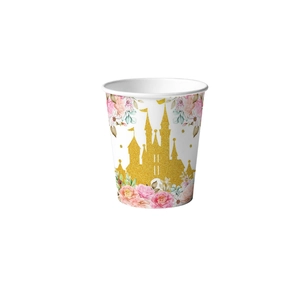 Pink princess castle party paper cup with gold silhouette and floral theme for birthday decor
