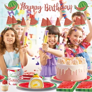 Watermelon theme birthday party tableware set with paper plates cups and banners