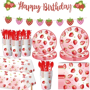 Set de vaisselle fête anniversaire fraise avec bannière Happy Birthday et assiettes