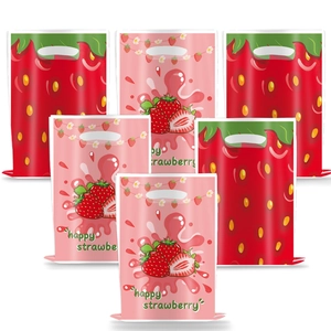 Detail of strawberry print PE gift bags featuring happy strawberry text and handles