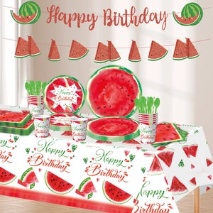 Watermelon theme birthday party tableware set with plates, cups, napkins and banner