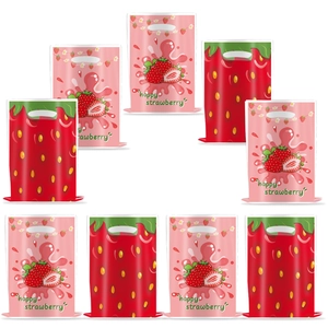 Detailed grid view of strawberry printed plastic gift bags with oval die-cut handles