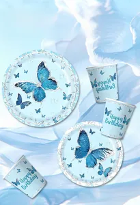 Detailed set of blue butterfly party plates and cups with Happy Birthday text