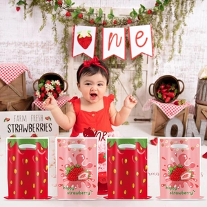 Double-sided strawberry printed PE gift bags with handles for kids birthday party favors