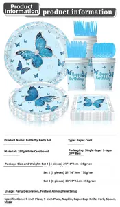 Detailed set of blue butterfly birthday party tableware including paper plates and cups