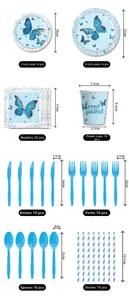 Detailed size chart of blue butterfly theme disposable party tableware set for girls