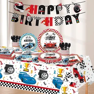 Set festa di compleanno a tema auto da corsa con striscioni, piatti e bicchieri rossi e blu