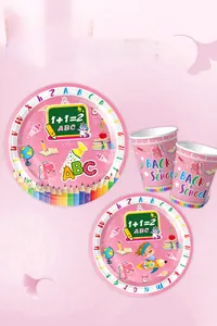Detailed set of pink Back to School party disposable paper plates and cups with school motifs