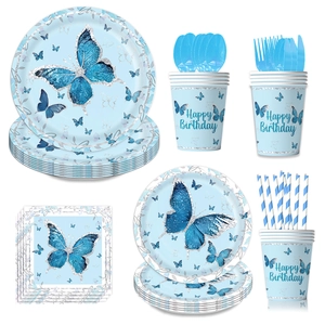 Blue Butterfly Theme Birthday Party Disposable Tableware Set Butterfly Pattern Paper Plates Napkins Cups Plastic Cutlery Set