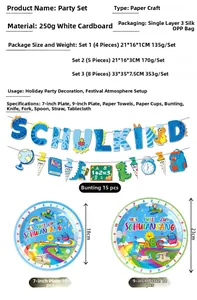 Blue Schulkind school party tableware set with paper plates and banners on 250g cardstock
