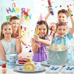 Blue butterfly themed birthday party tableware set with paper plates and cups