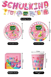 Pink Back to School party set details including paper plates, cups and Schulkind banner