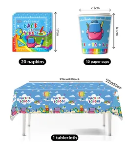 Close-up of Back to School party set including napkins, cups, and a blue themed tablecloth