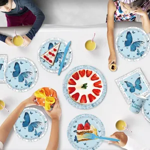 Blue butterfly theme disposable tableware set for girls birthday party celebrations