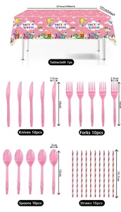 Pink Back to School party set with cartoon tablecloth and assorted pink cutlery detail