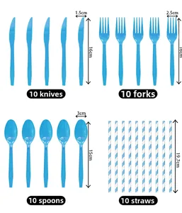 Detailed blue back to school party supplies set featuring 10pcs of knives forks spoons and straws