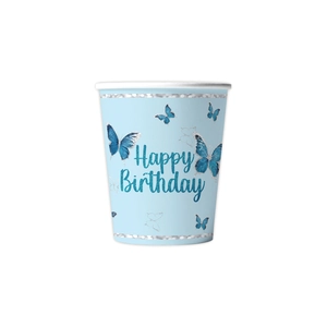 Blue butterfly theme disposable paper cups with silver glitter and Happy Birthday text