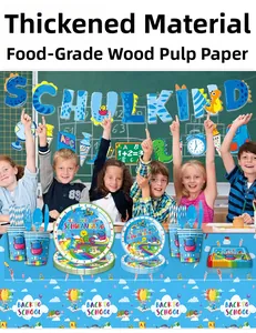 Close-up of thickened food-grade paper party plates and cups with dinosaur theme