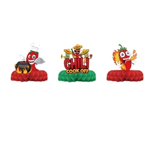 Trois centres de table en nid d'abeille piment avec motifs de chef et de musiciens