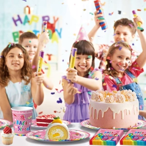 Pink Back to School party tableware set with paper plates and cups for girls celebration