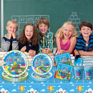 Blue school theme party tableware set with paper plates, cups and colorful cartoons