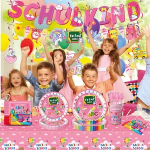 Pink back to school party set with Schulkind banner and rainbow paper plates