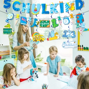 Blue dinosaur Schulanfang theme party tableware and banner decorations set for school boys