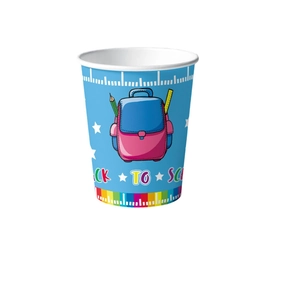Blue disposable paper cup with back to school theme and cartoon student elements