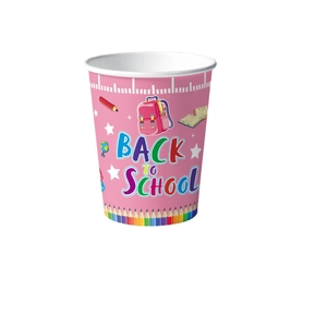 Pink back to school paper cup with illustrations and colorful pencil border designs
