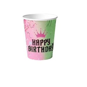 Rosa und grüner Happy Birthday Party Pappbecher mit glitzerndem Kronen-Design