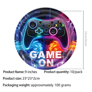 Detail view of 9-inch purple game theme paper plates with neon controller design