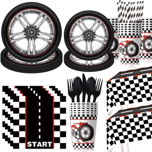 Racing party set detail with tire plates, checkered cups, and race-themed napkins