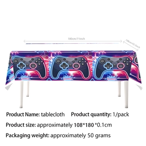 Waterproof gamer party tablecloth with neon controller designs and GAMER text detail