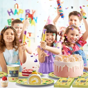 School party tableware set with ABC plates and cups for classroom birthday celebrations