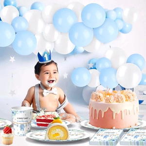 Blue floral baby shower tableware set with Sweet Baby text and balloon decorations