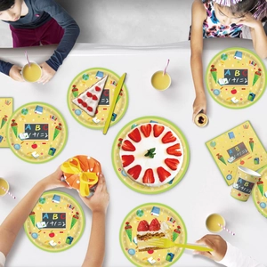 Detail of Back to School party tableware set with chalkboard ABC design and paper plates