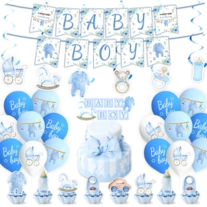 Blue baby boy shower party decoration set with banners, balloons and cake toppers