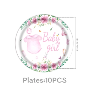 Detailed view of 7-inch pink floral baby girl paper plates for shower party decor