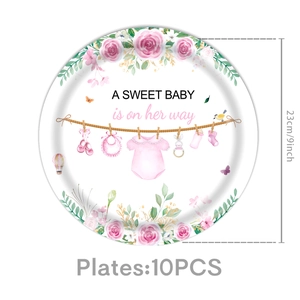 Detail view of 9-inch pink floral baby shower paper plates with A Sweet Baby text
