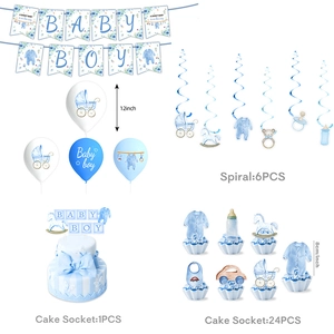 Blue Baby Boy shower party kit with banners balloons and themed cake toppers