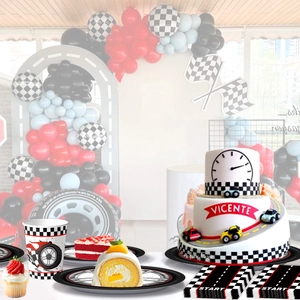Racing car themed birthday party set with tire print plates, cups and balloons