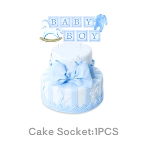 Detailed blue Baby Boy cake topper set with cartoon horse and baby clothes decoration