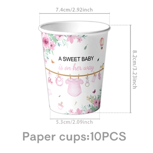 Detail view of 10PCS floral baby shower paper cups with precise dimension markings