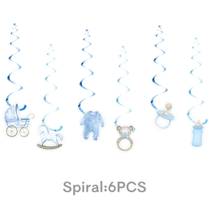 Blue spiral hanging swirls for baby shower featuring baby stroller and teddy bear designs