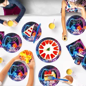 Purple game controller themed birthday party tableware set with paper plates and napkins