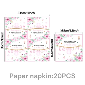 Detail of 20pcs floral baby shower napkins showing folded and unfolded size dimensions