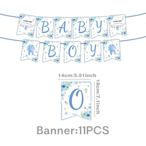 Blue Baby Boy banner set for baby shower featuring hot air balloons and floral designs