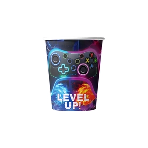 Purple game controller theme disposable paper cups with Level Up neon design for parties