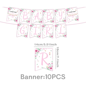 Floral baby shower banner with 10 swallowtail flags and pink blossom decorative elements